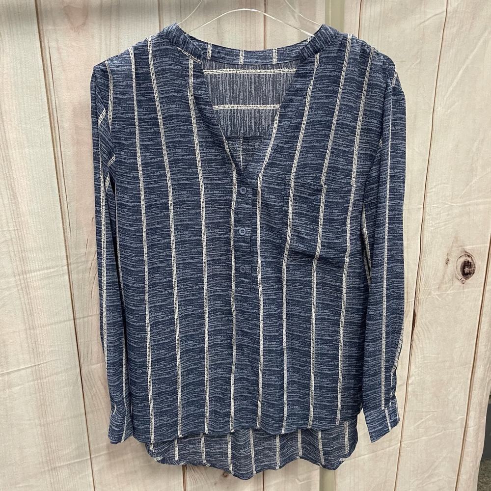 Vintage Blue White Striped High Low V-Neck Long Sleeve Blouse Tunic Medium